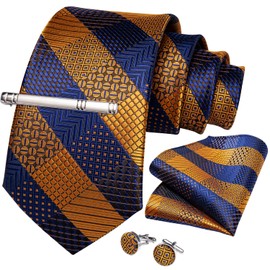 DiBanGu Mens Blue Brown Silk Tie Set Striped Plaid Necktie Pocket Square Cufflinks and Tie Clip Set for Business Wedding Party