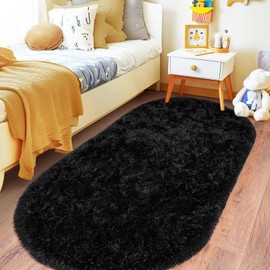 Pionblank Fluffy Oval Rug for Bedroom 2.6x5.3, Soft Cute Shag Plush Throw Rugs, Fuzzy Indoor Carpet for Living Room Kids Room Nursery Dorm Home Decor, Black