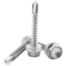 Fajoeda 4.8 x 32 mm Hexagonal Self-Drilling Screws, 40 Pieces 410 Stainless Steel Self-Tapping Screws with Plastic Washers High-Strength Fast Sheet Metal Screws (16 mm to 38 mm Available)