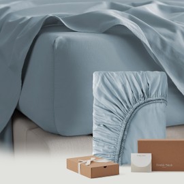 Double Stitch Cotton Tencel Fitted Sheet - California King Fitted Sheets Deep Pocket, Soft Hotel Bedding, Cooling & Breathable for Hot Sleepers, Up to 16 inches, Sterling Blue