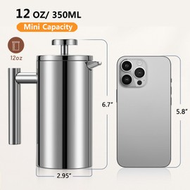 Meelio Small French Press 350ml, Double-Wall Insulated French Press Coffee Press Stainless Steel for travel camping, Single Cup Pour Over Coffee Maker (1 cup, 12 OZ)