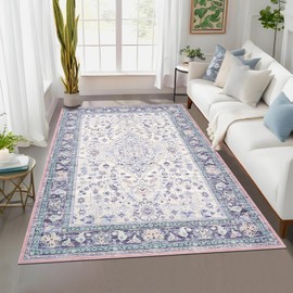 Large Area Rug 9x12 Vintage Floral Rug with Non Slip TPR Backing, Foldable Thin Low Pile Mat, Soft Non Shedding Carpet, Retro Oriental Floor Covering for Living Rooms Offices, Purple