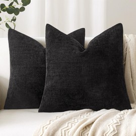 Woaboy Set of 2 Textured Throw Pillow Covers Decorative Soft Accent Square Chenille Pillowcases Neutral Farmhouse Cushions Modern Home Decor for Couch Sofa Bedroom Living Room 22x22 Inch,Black