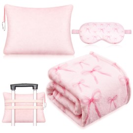 Juego de 3 mantas de viaje para avin, para mujer, incluye manta de lazo rosa de 40 x 60 pulgadas, mscara de ojos y bolsa de almacenamiento con funda  
