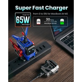 GravaStar Cargador USB C de 65 W, Bloque de Cargador rápido GAN Robot Alpha65, Adaptador de Corriente rápido de 3 Puertos, Cargador USB C de Pared Compacto Plegable (Azul)