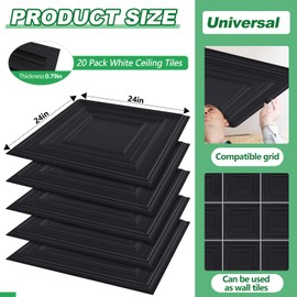Landical 20 Pcs 2 x 2 ft Black PVC Plastic Drop Ceiling Tiles 24 x 24 x 0.8 Inch Ceiling Panels Decorative Cover 80 Sq. ft for Office Bathroom Living Room Bedroom