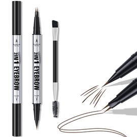 Curved Eyebrow Pen, 2 in 1 Dual Ended Microblading Eyebrow Pencil with Micro-Fork-Tip and Precise Brush-TipLast All Day (Dark Brown)