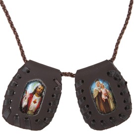 Our Lady of Mount Carmel Carmen and Sacred Heart of Jesus Christ Leather Scapular, Keepsake Religious Necklace for Men and Women, 12 Inches