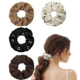 4 Pcs Women's Smile Faces Scrunchies for Thin Wrinkle Hair Accessories, Bubble Cute Satin Hair Ties Ropes Elastic Hair Bands Ponytail Holders for Spring Autumn (Smile Faces)