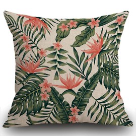 Smooffly Throw Pillow Cover Home Decor Beach Cheerful Tropical Dark Green Leaves of Palm Trees and Flowers Pillow Case Decorative 18 x 18 Inches Outdoor Cushion Couch Sofa Pillowcase