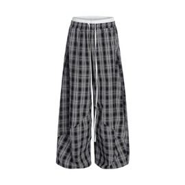 Aelfric Eden Plaid Baggy Sweatpants Women Double Waist Streetwear Y2K Unisex Casual Wide Leg Elastic Waist Trousers Pants Black S