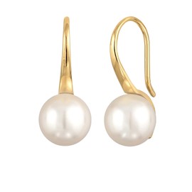 0301530322 Women's Earrings with Pearl Made of 925 Sterling Silver, Gold-Plated Silver Earrings with Round 10 mm Pearl, Golden Pearl Earrings for Women, Wedding Earrings, Silver, Pearl
