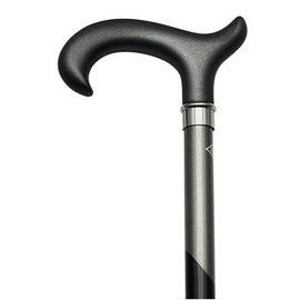 Walking Cane Soft Touch Grey Tease. This Walking Stick Cane has a Derby Satin Black Soft Touch Handle. This Walking aid has a Shiny Black with Grey Stripes Hardwood Shaft with high Gloss Finish.