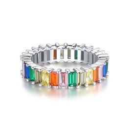 18K Sparkling Rainbow Baguette Ring Made of 925 Sterling Silver with Colourful Rainbow Stones - Women's Rings Eternity Jewellery in Jeweller's Quality, Precious metal, Zircon