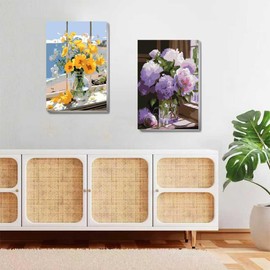 2 Pack Paint by Numbers Kit for Adults with Framed Canvas - with Wooden Easel, Flowers Paint by Number on Canvas, DIY Flowers Acrylic Oil Painting Kits with Brushes for Home Wall Decor 8x12 Inch