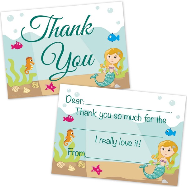 Old Blue Door Invites Mermaid Kids Fill In Thank You Cards for Girls (20 Count with Envelopes) - Mermaid Thank You Notes for Kids