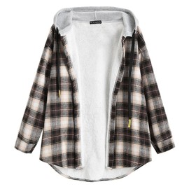 ZAFUL Women's Plaid Fleece Lined Hooded Jacket Button Up Oversized Fuzzy Coat Checkered Flannel Hoodie Jacket