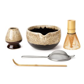 Joiish Kiln-transformed Matcha Kit, Matcha Whisk Set, Ceramic Bowl with Spout (18oz), Bamboo Whisk, Stainless Sifter, Scoop & Chasen Holder, 5-PC Complete Macha Tea Ceremony Tools (White)