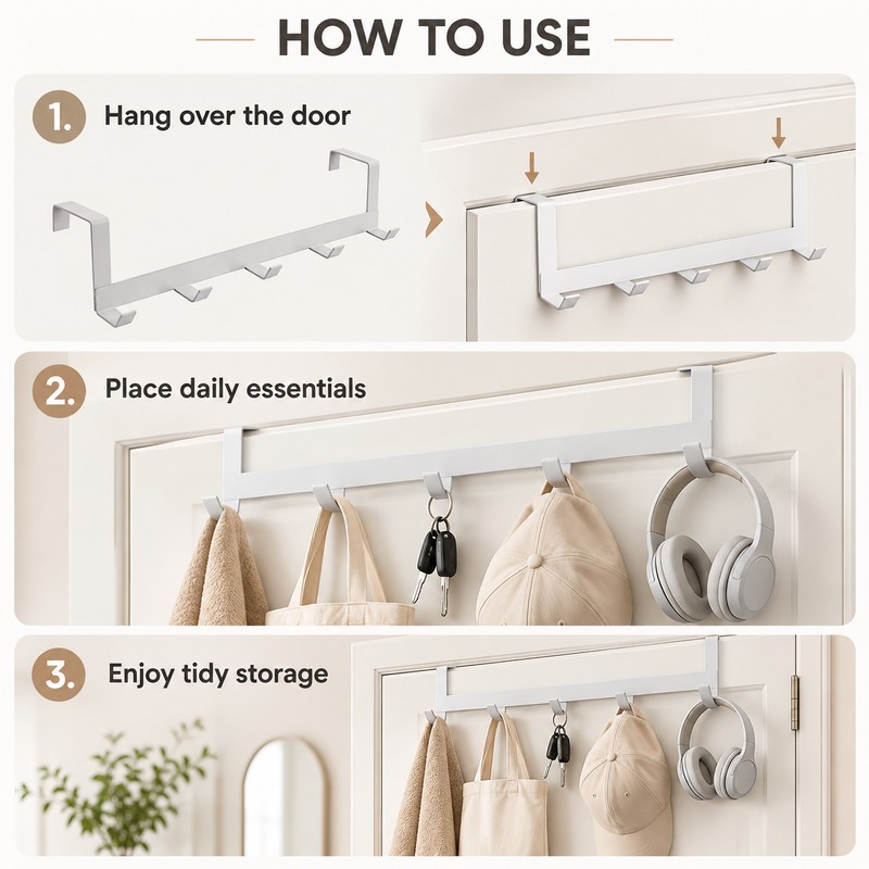 Over The Door Hook Hanger – 5-Hook Metal Door Organizer