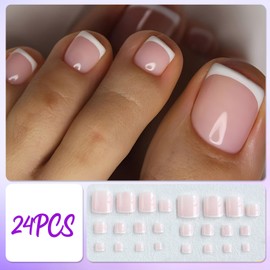 24 Stück Fußnägel zum Aufkleben, Square Kurze Nude Rosa Künstliche Zehennägel, French White Tips Fussnägel zum Kleben, Natürliche Falsche Zehennägel Acryl Full Cover Toe Nails für Frauen Mädchen