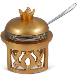 Elegant Rosh Hashanah Honey Jar with Spoon Decorated with a Pomegranate Design Satin Gold and Glass Honey Dish for Jewish New Years by Zion Judaica