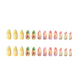 Spring Summer Press on Nails Medium Almond Fake Nails Cute Flower Stick on Nails Gradient Glue on Nails Yellow Pink Acrylic Nails Full Cover Artificial Nails Glossy False Nails for Women Girls 24Pcs