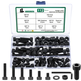 112 Pcs M8 Bolts and Nuts Set, Hex Nuts and Bolts Set, Hex Socket Head Cap Screws Bolts and Nuts and Washers Set, Black Metric Machine Screws and Nuts Assortment Kit, 12.9 Carbon Steel