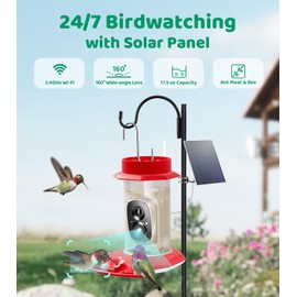 HIXX Smart Hummingbird Feeder with Camera Solar Powered, with Ant Moat & Bee Proof AI Bird Recognition, Easy Clean & Refill, with Coolfly Birdwatching APP, Ideal Gifts for Hummingbird Lover (17.5 oz)