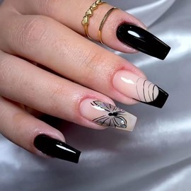 Handmade Black Ribbon, Nail Tip, Ribbon, 3D Nail Art, False Nail Design, 24 Pieces, Popular, Cute, Simple, Fashion
