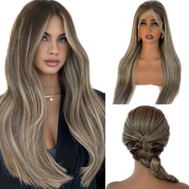 Valiilo 13x6 HD Lace Front Wig Human Hair Balayage Highlight 180% Density 28 Inch Free Part Ombre Brown to Ash Brown Human Hair with 613 Blonde Highlights Wig Pre Plucked