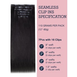 Human Hair Clip in Extensions Seamless Clip in Hair Extensions Human Hair Clip in Hair Extensions,Extensiones de Cabello Humano Yaki Straight 110g 14 inch Natural Black,100% Remy Human Hair Clip ins