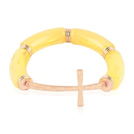 RIAH FASHION Religious Cross Bead Stacking Beaded Stretch Statement Bracelets - Inspirational Message Prayer Bangle Set (Hammered Cross Tubular Bracelet - Yellow)