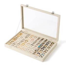 Frebeauty Bandeja Organizadora de Anillos 100 Ranuras Soporte de Anillos con Tapa Transparente Caja de Almacenamiento de Terciopelo Bandeja de Joyería