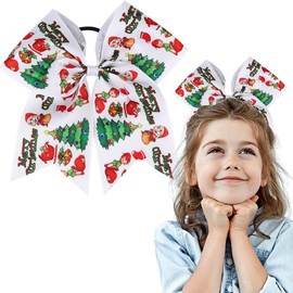 Christmas Cheer Hair Bow Ties with Elastic Red Christmas Tree Printed Grosgrain Ribbon 7 Inch Elf Ponytail Holder Handmade Cheer Bow Hair Ties for Girls and Women Headdress Decor 1PCS