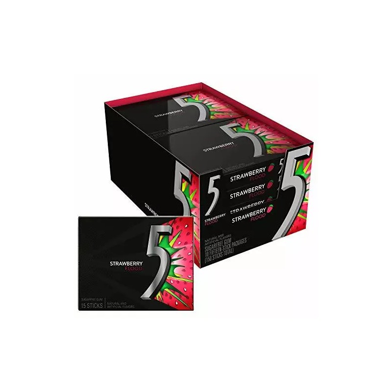 Five 5 Gum Strawberry Flood Sugarfree Gum, 15Piece (Pack of