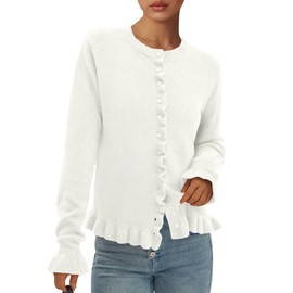 PRETTYGARDEN Womens Fall Button Down Cardigans Chunky Knit Ruffle Open Front Cropped Cardigan Sweaters Soft Long Sleeve Tops (White,Medium)