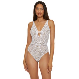 BECCA Women's Standard Color Play One Piece Swimsuit, Plunge Neck, Crochet, Bathing Suits, White Tan, Small