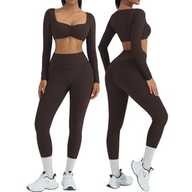 OMKAGI 2 Piece Workout Sets for Women Long Sleeve Padded Sports Bra High Waisted Gym Outfits with Pocket(XS,441-Coffee)