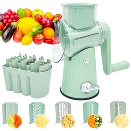 TOPAA Round Rotary Cheese Grater with Handle, with 5 Well-Designed Blades and Strong Suction Cup Base, Mandoline Slicer and Vegetable Grater Rotary Kitchen Utensils Set - Color: Green