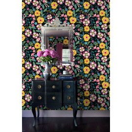 HAOKHOME Peel and Stick Floral Wallpaper Boho Black/Yellow/Fuchsia/Green Removable Wall Paper for Bathroom Decor 17.3in x 9.8ft