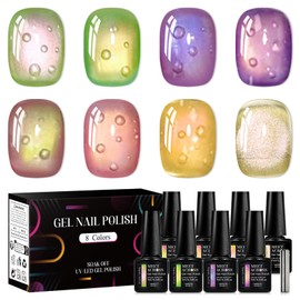 MEET ACROSS 8 Colors Crystal Cat Eye Gel Nail Polish Green Violet Pink Cats Eye Gel Polish with 1 Magnet, Nail Art Design Manicure Salon Gift