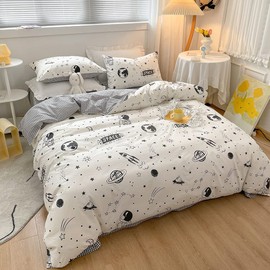 LIWHENHAO Space Duvet Cover Set 100% Cotton Full Queen Cartoon Rocket Astronaut Universe Planet Bedding 1 Black White Comforter Cover 2 Pillowcases for Kids Girls Boys Teens Woman