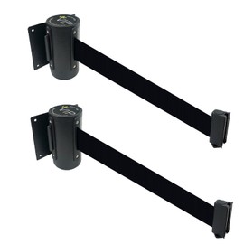 2 pcs Package Retractable Fixed Wall Mounted Queue Safety Belt Barriers with Steel Case in Tuff Tex Black Finished, VIP Crowd Control (96" Black Belt)