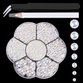 Nail Art Flat Back Half Round Pearl Kits 5, 1 Box of 2400 Pcs Flat-Back White AB Pearl with Tweezer and Picker Pencil for Home DIY Nails Body Face Craft and Salon Use
