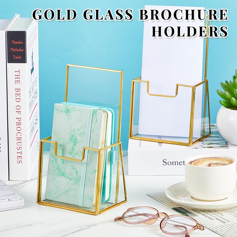 Fuyoooo 2 Pcs Gold Glass Brochure Holder Stand 4 Inch