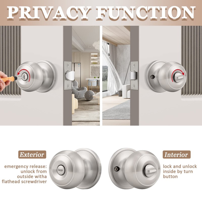 Probrico 6 Pack Round Privacy Door Knob(Thumb Turn Lock on