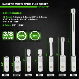 TecoTek 7 Piece 3/8-Inch Drive Magnetic Swivel Spark Plug Socket Set, Includes 9/16-Inch, 13/16-Inch, 5/8-Inch, 14mm Socket, 6-Point &12-Point, CR-V, Enhanced Magnetic Design with Thin Wall Socket
