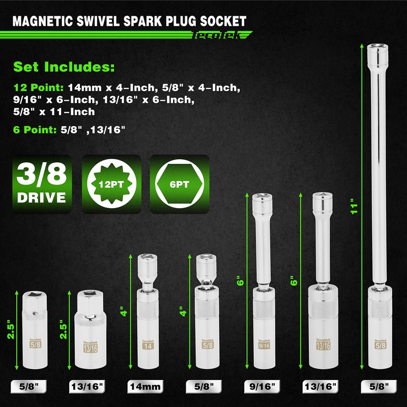 TecoTek 7 Piece 3/8-Inch Drive Magnetic Swivel Spark Plug Socket