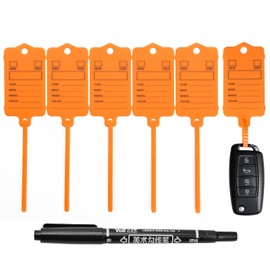 50PCS Car Key Tags with Labels Plastic Car Dealership Key Tags Self Locking Waterproof Auto Identifiers Keychain Labels for Office Shop Automotive RV Dealer Supplies (Orange)