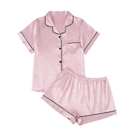 LILLUSORY Silk Satin Pajama Set for Women 2 Piece Lounge Pjs Shorts Matching Summer Sleepwear Button Down Shirt Shorts Pink S